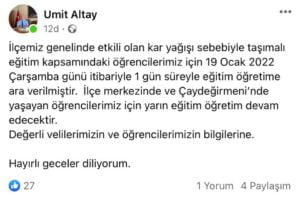 ZONGULDAK'IN DEVREK İLÇESİNDE TAŞIMALI EĞİTİME BİR GÜN ARA VERİLDİ.