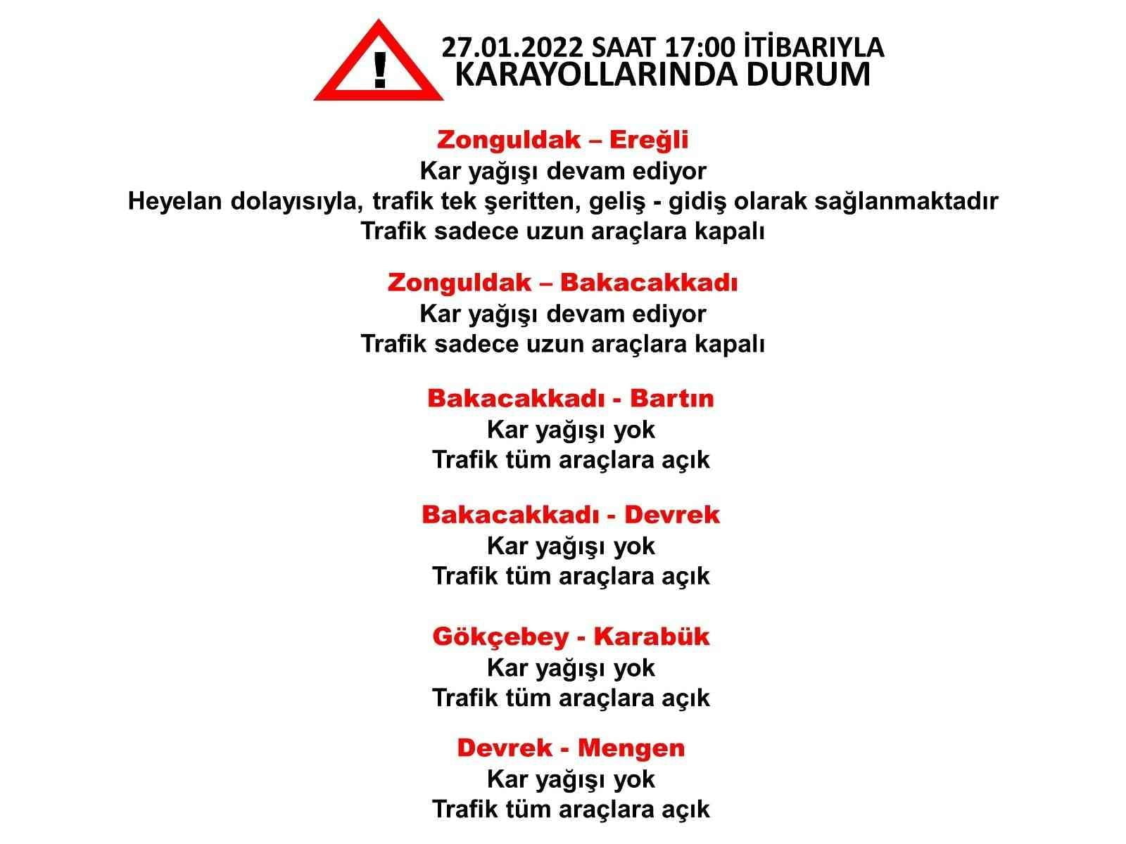 ZONGULDAK VALİLİĞİ KARA YOLLARINDAKİ SON DURUMU AÇIKLADI.